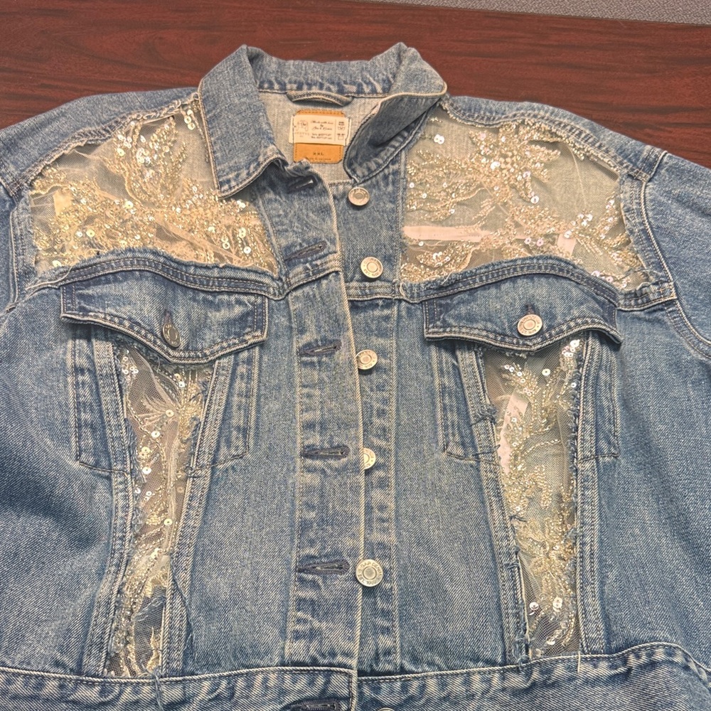Light Blue Denim Jacket with Silver Sequins and white beading.